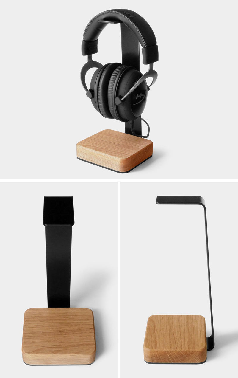 Gift Ideas - Sebastian Profic of Batelier Handicraft, has designed a modern headphone stand that takes up a small amount of space, while also looking good on a bedside table, desk, or next to your TV. #ModernHeadphoneStand #HeadphoneStand #HomeOffice #DeskAccessories #ModernGiftIdeas