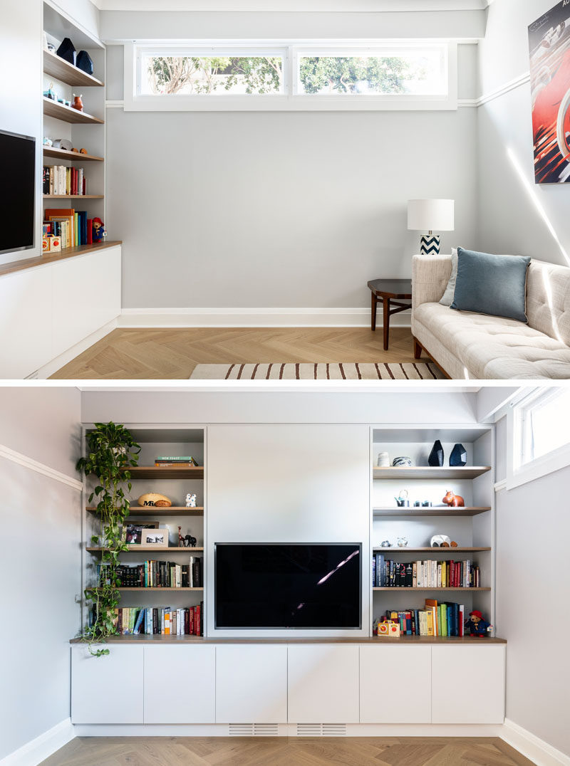 Interior Design Ideas - This modern library currently serves as a TV and playroom, that can transform into a media and reading room as children grow and mature. #Playroom #HomeLibrary #MediaRoom #Shelving #CustomCabinets