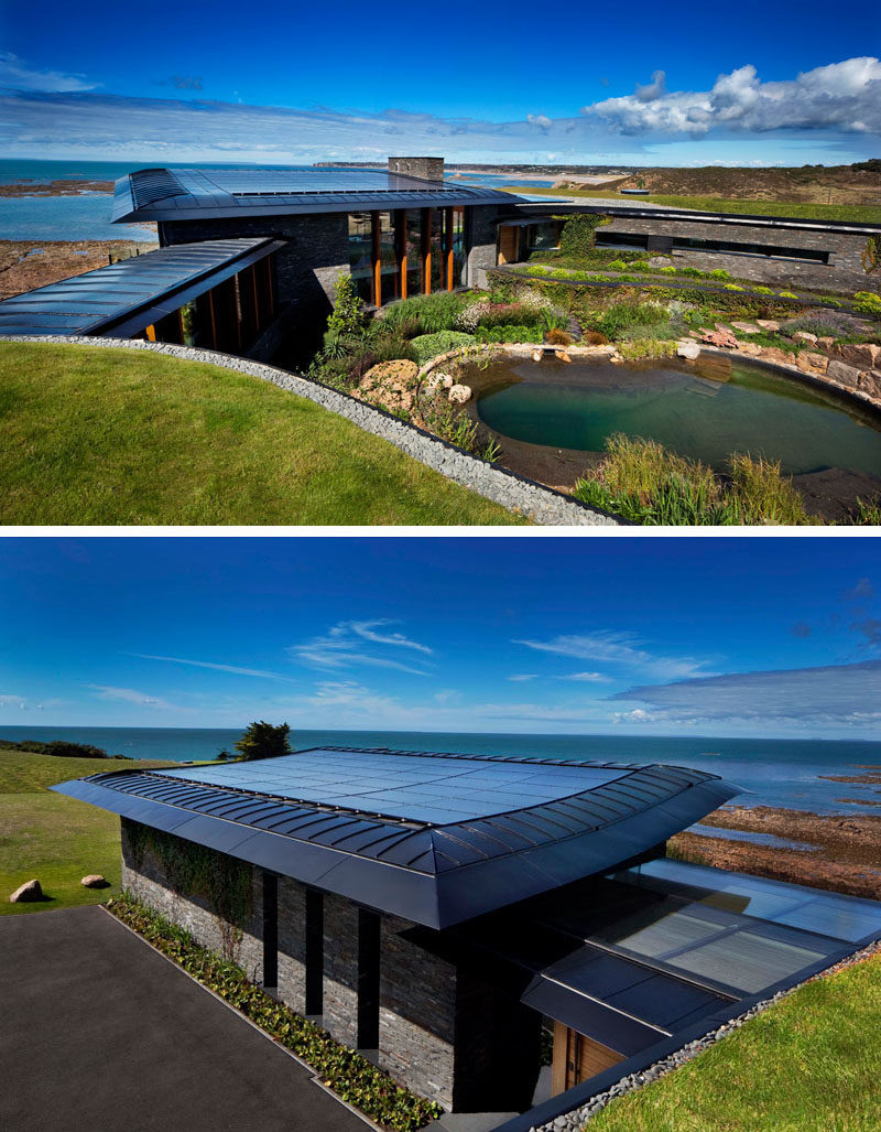 This modern house blend into the surrounding landscape, and makes use of integrated solar panels and air source heat pumps to provide low energy heating. There's also a natural swimming pool. #NaturalSwimmingPool #SolarPanels