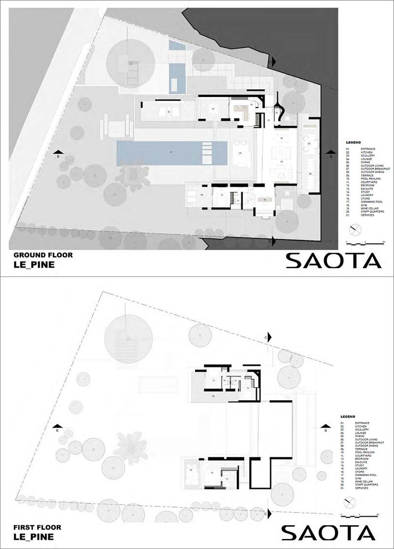 Architecture firm SAOTA has recently completed this modern summer house in Saint Tropez, France, that features a wavy concrete ceiling. #FloorPlan #Architecture