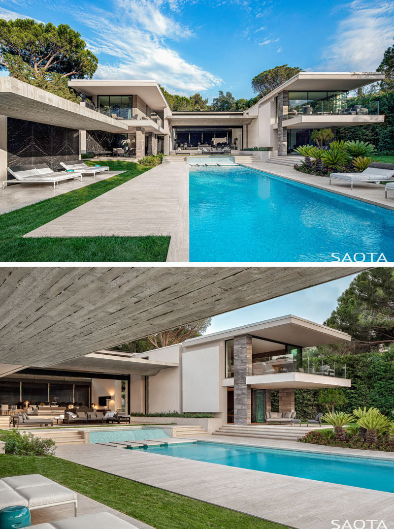 This modern house has two rectilinear wings that wrap around the central courtyard, that leads down to the swimming pool and yard. #SwimmingPool #Landscaping #Architecture #ModernHouse