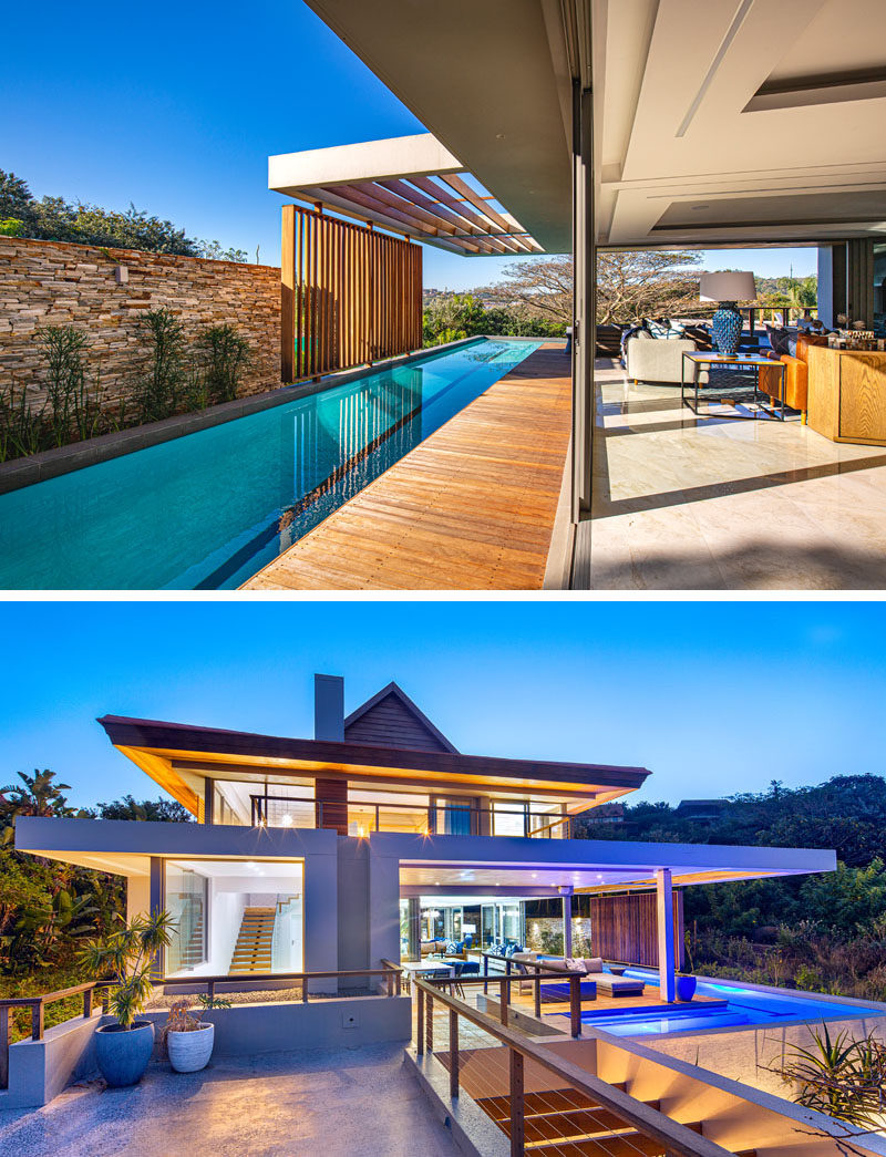 Swimming Pool Ideas - This modern house has glass walls that open to a a lap pool that wraps around the social areas of the home. #SwimmingPoolIdeas #PoolIdeas #SwimmingPool #LapPool #Architecture