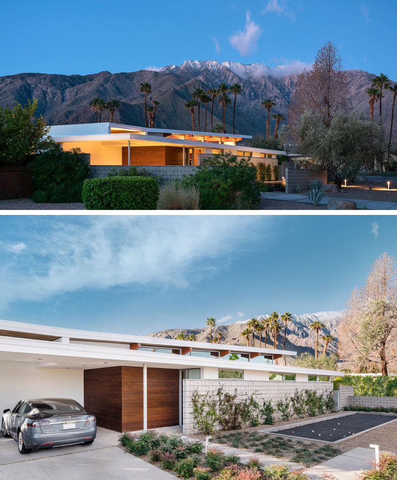 Architecture Ideas - At the front of this mid-century modern inspired house, is a small entertaining area with a bocce court surrounding by landscaping, and a open carport. #ArchitectureIdeas #ModernHouse #HouseDesign