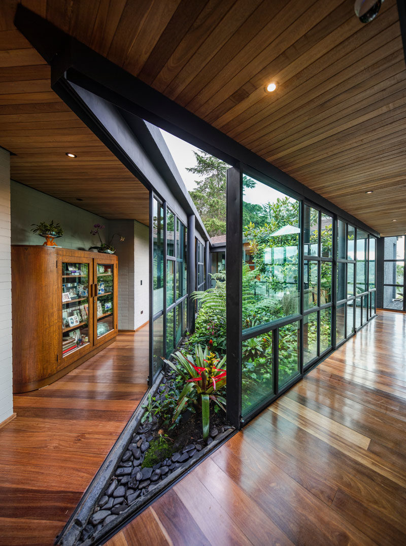 A central open-air garden filled with plants connects the wings of this modern house, with sliding glass walls opening the garden to the interior. #Garden #ModernHouse #Architecture #InteriorGarden #Landscaping #GlassWalls