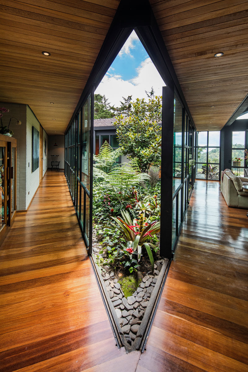 A central open-air garden filled with plants connects the wings of this modern house, with sliding glass walls opening the garden to the interior. #Garden #ModernHouse #Architecture #InteriorGarden #Landscaping #GlassWalls