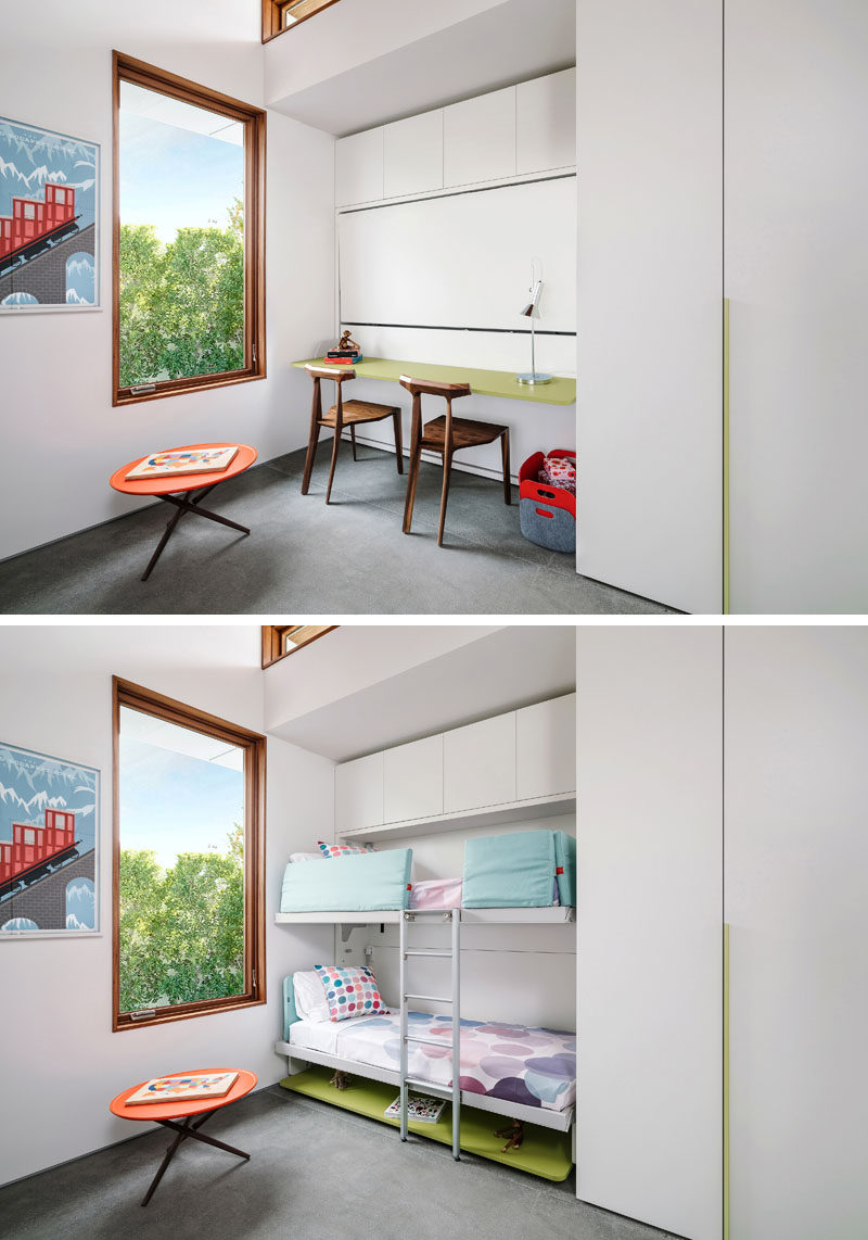 Bedroom Ideas - In this modern bedroom, the desk area transforms into bunk beds, with a ladder connecting the two. #BunkBeds #HiddenBunkBeds #MurphyBunkBeds #BedroomIdeas