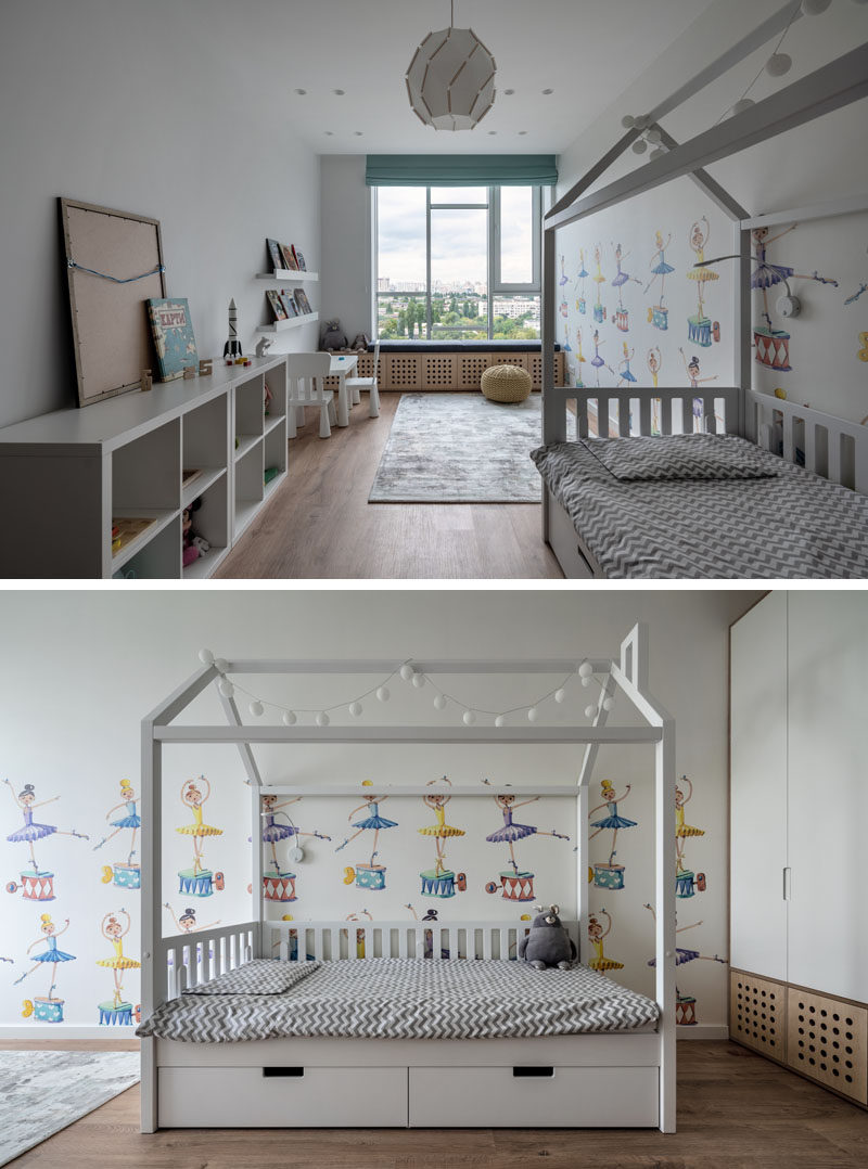 Bedroom Ideas - In this modern children's bedroom, cartoony ballerinas cover one of the walls, while a built-in window bench allows for daydreaming. #KidsBedroom #BedroomDesign #BedroomIdeas #ChildrensBedroom #GirlsBedroom