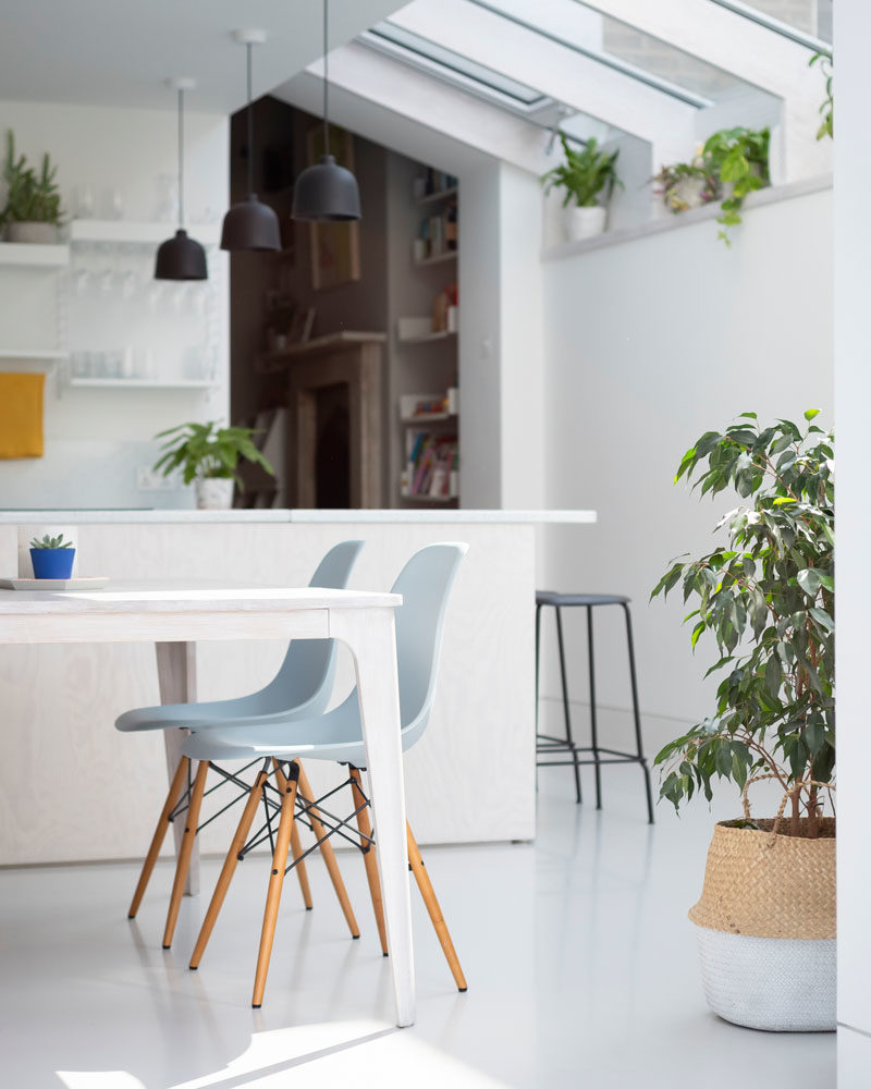 Kitchen Ideas - This modern kitchen has whitewashed Douglas Fir cabinets, an enamel splatterware worktop, and a plant shelf that runs the length of this new extension. #ModernKitchen #WhitewashedWood #PlantShelf