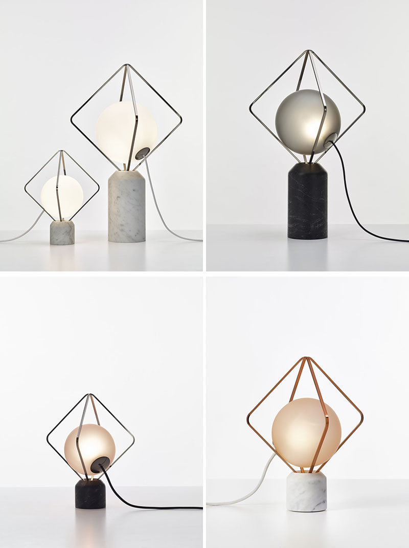 Lucie Koldova has designed the Jack o'Lantern lighting collection, that has subtle metal frames that hold a luminous pearl in the form of a handblown matte glass sphere. #Lighting #ModernLighting #LightingIdeas #TableLamp #FloorLamp