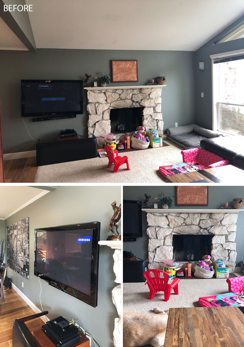 Before & After - Seattle-based interior design firm ULLEstudio, has recently completed the modern renovation of a open plan living room and dining room. #LivingRoomRenovation #FireplaceRenovation #FireplaceRemodel