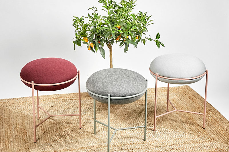 The NEA stool made from thin metal and a curved cushion, offers a modern seating option with a subtle pop of colour. #Stool #ModernStool #ModernFurniture #MinimalistFurniture