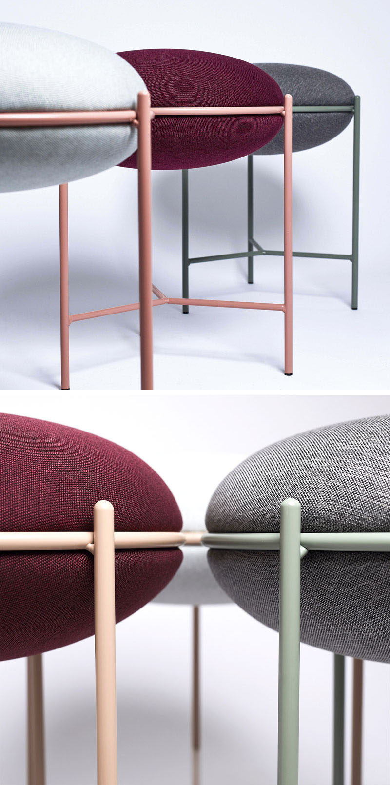 The NEA stool made from thin metal and a curved cushion, offers a modern seating option with a subtle pop of colour. #Stool #ModernStool #ModernFurniture #MinimalistFurniture