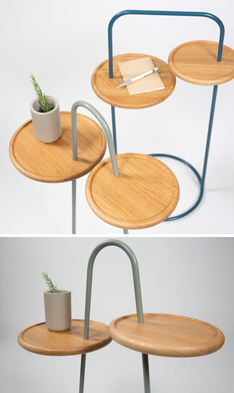 The Duet Side Table Has Two Surfaces Connected By A Curved Frame