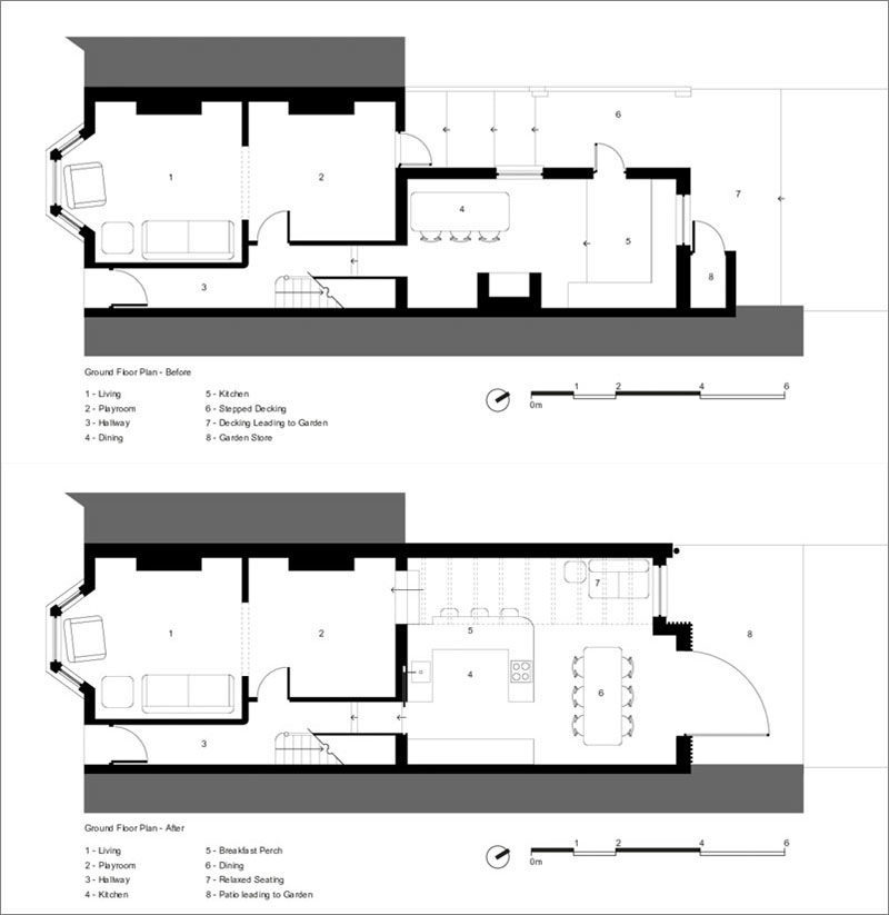 FLOOR PLANS - Before & After - British architecture studio CAN, have designed a modern rear side extension to open the back of this Victorian terrace house to it’s garden. #Renovation #RearExtension #HouseExtension #ModernHouseExtension #Architecture