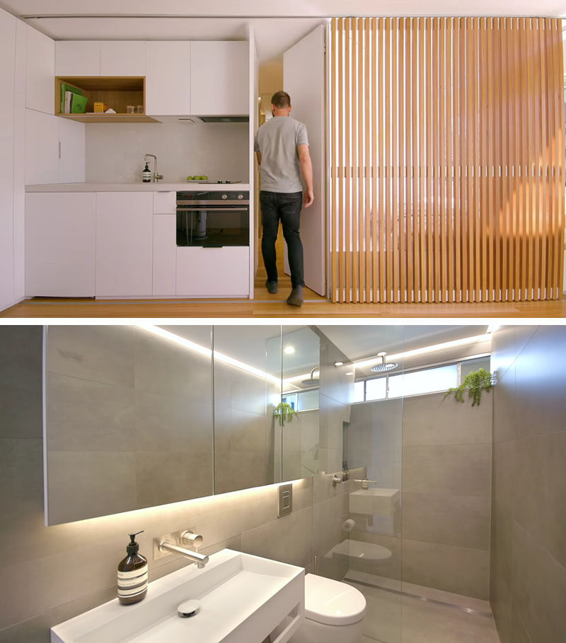 Small Apartment Ideas - In between the kitchen and the bedroom in this small apartment, is a floor-to-ceiling door that leads to the closet and bathroom. #ModernApartment #MicroApartment #BathroomIdeas #BathroomDesign
#SmallApartment