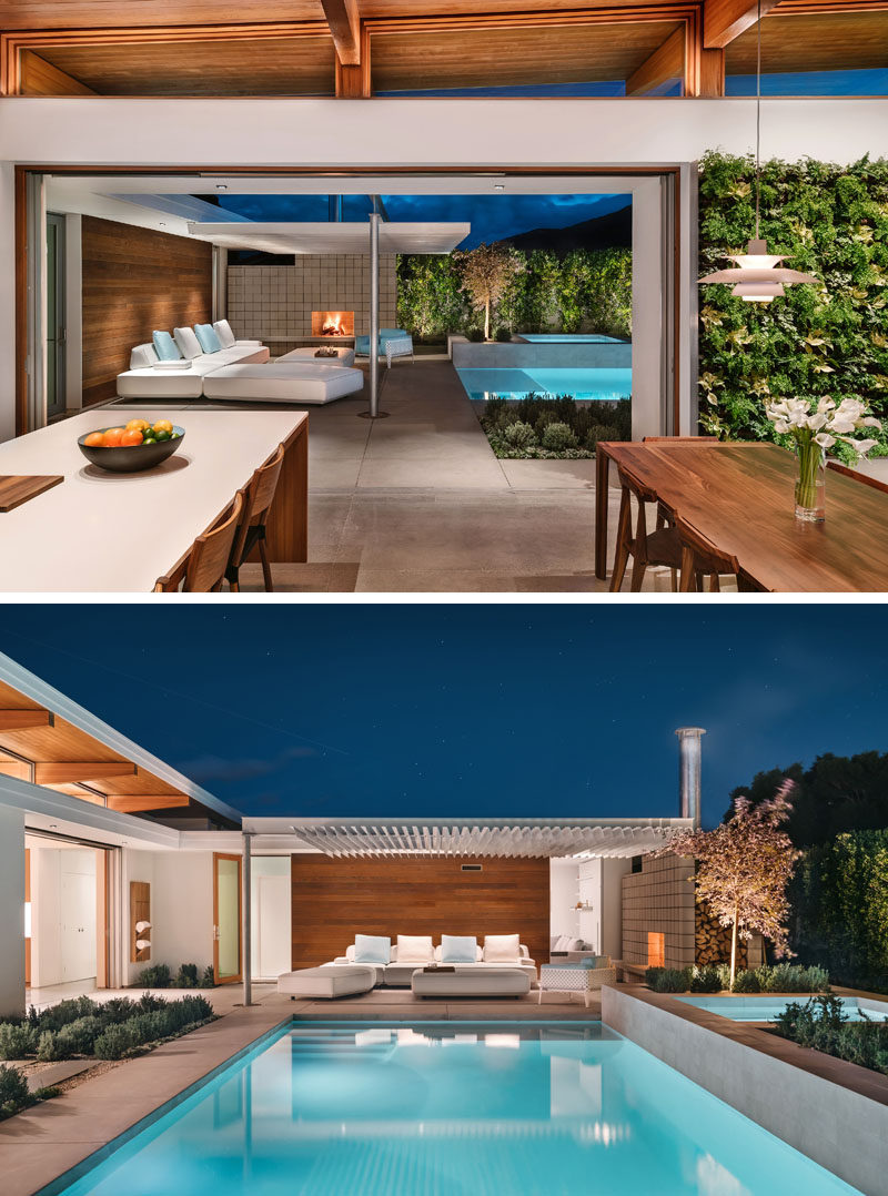 This mid-century modern inspired house has lift-and-slide doors that open to a covered patio and swimming pool. #OutdoorSpace #SwimmingPool #CoveredPatio