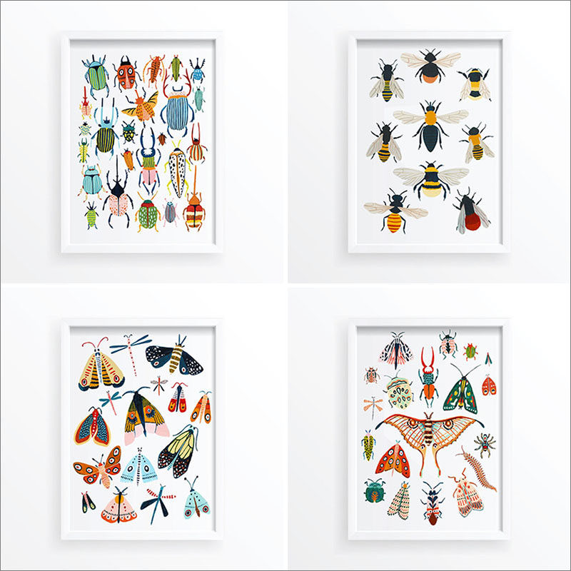 Wall Art Idea - This series of bug art prints by Amber Davenport, includes illustrations of beetles, moths, butterflies, and bees. #BugArtPrint #BugPrint #InsectPrint #BeeWallArt #ModernWallArt #WallDecor #ArtPrints