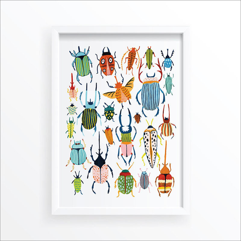 Wall Art Idea - This modern bug print includes a variety of colorful beetles. #WallArt #Beetles #BugPrint #ArtPrint #WallDecor