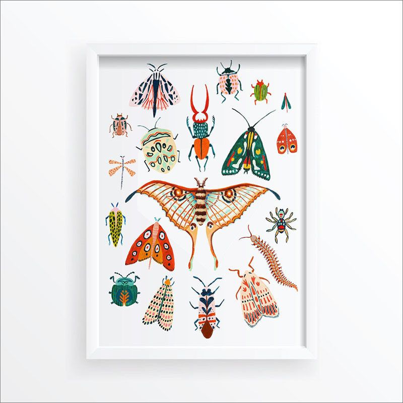 Wall Art Print - This bug art print includes illustrations of beetles, moths, butterflies, and insects. #ModernArtPrint #WallArtPrint #BeetleArt #MothArt #BugArt