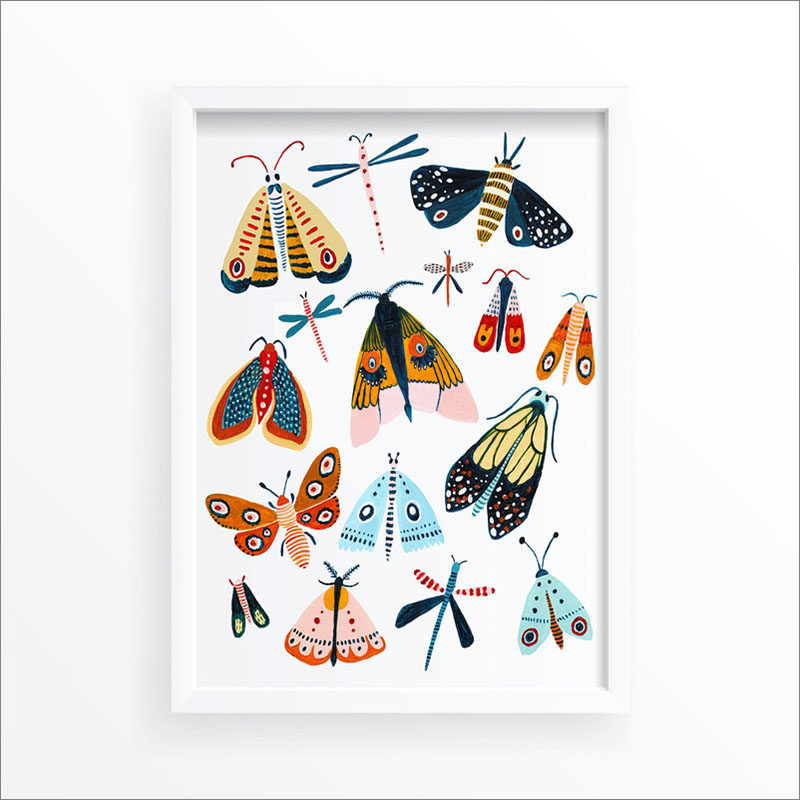 Wall Art Idea - This modern bug print includes a variety of colorful butterflies and moths. #WallArt #MothPrint #ButterflyPrint #ArtPrint #WallDecor