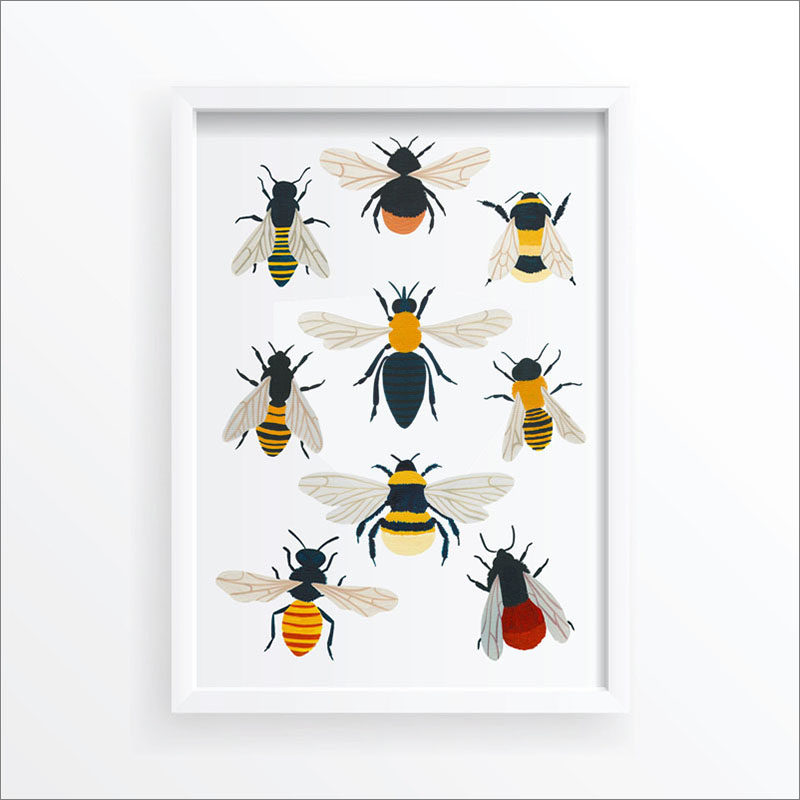 Wall Art Idea - This modern bug print includes a variety of colorful bees. #WallArt #Bees #BeeArt #BeePrint #ArtPrint #WallDecor