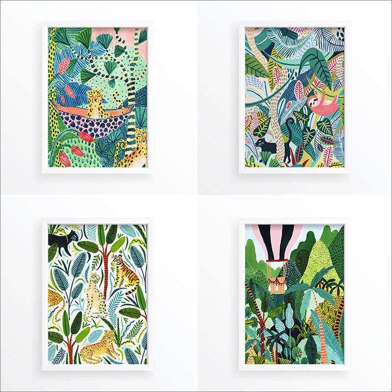 Wall Art Idea - This collection of modern jungle prints include include sloths, leopards, hot air balloons, cheetahs, and tropical plants. #WallArt #WallPrints #JungleArt #JunglePrints #Sloths #WallDecor #Prints #Decor