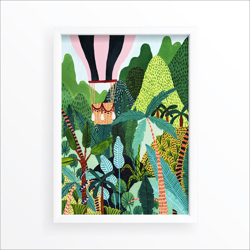 Wall Art Idea - This modern jungle print includes a hot air balloon flying above tropical plants. #WallArt #WallPrints #JungleArt #JunglePrints #HotAirBalloon #WallDecor #Prints #Decor