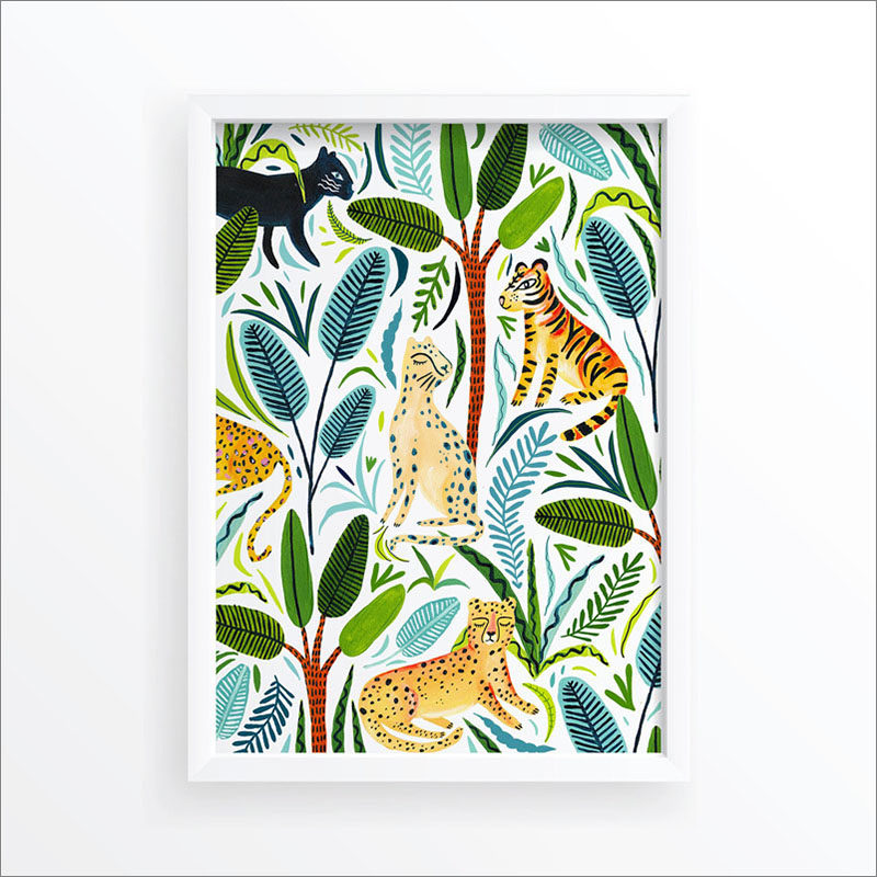 Wall Art Idea - This modern jungle print includes a jungle cats and tropical plants. #WallArt #WallPrints #JungleArt #JunglePrints #JungleCats #WallDecor #Prints #Decor