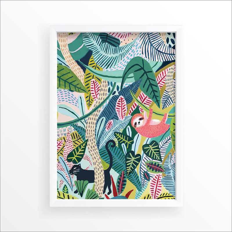 Wall Art Idea - This modern jungle print includes a sloth, jaguar, and tropical plants. #WallArt #WallPrints #JungleArt #JunglePrints #Sloth #Jaguar #WallDecor #Prints #Decor