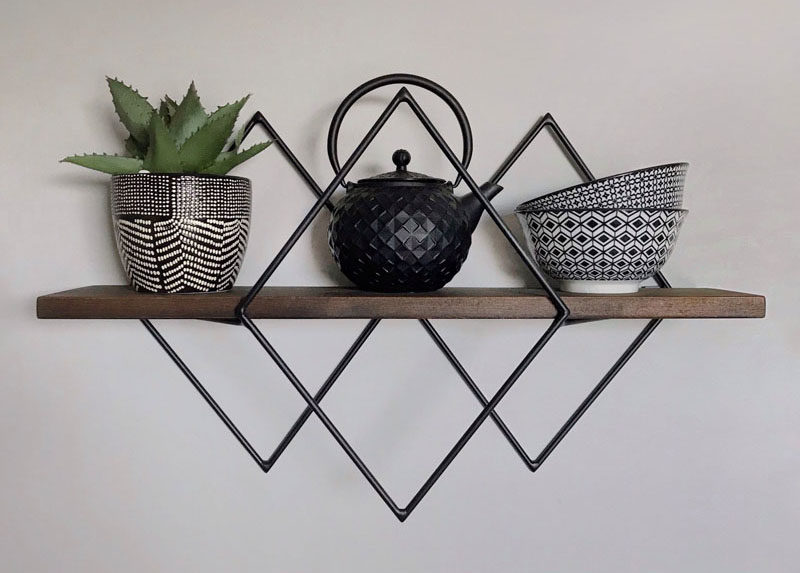 Wall Shelf Ideas - These modern geometric wall shelves, which have been designed in a variety of sizes and layouts, are made with steel frames, available in a variety of finishes, and are adorned with wood shelving to add a natural element. #WallShelf #WallDecor #ShelvingIdeas #ModernShelving #ModernShelf #Design