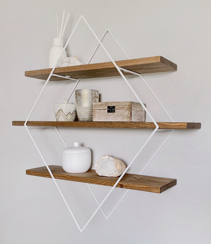 Wall Shelf Ideas - These modern geometric wall shelves, which have been designed in a variety of sizes and layouts, are made with steel frames, available in a variety of finishes, and are adorned with wood shelving to add a natural element. #WallShelf #WallDecor #ShelvingIdeas #ModernShelving #ModernShelf #Design