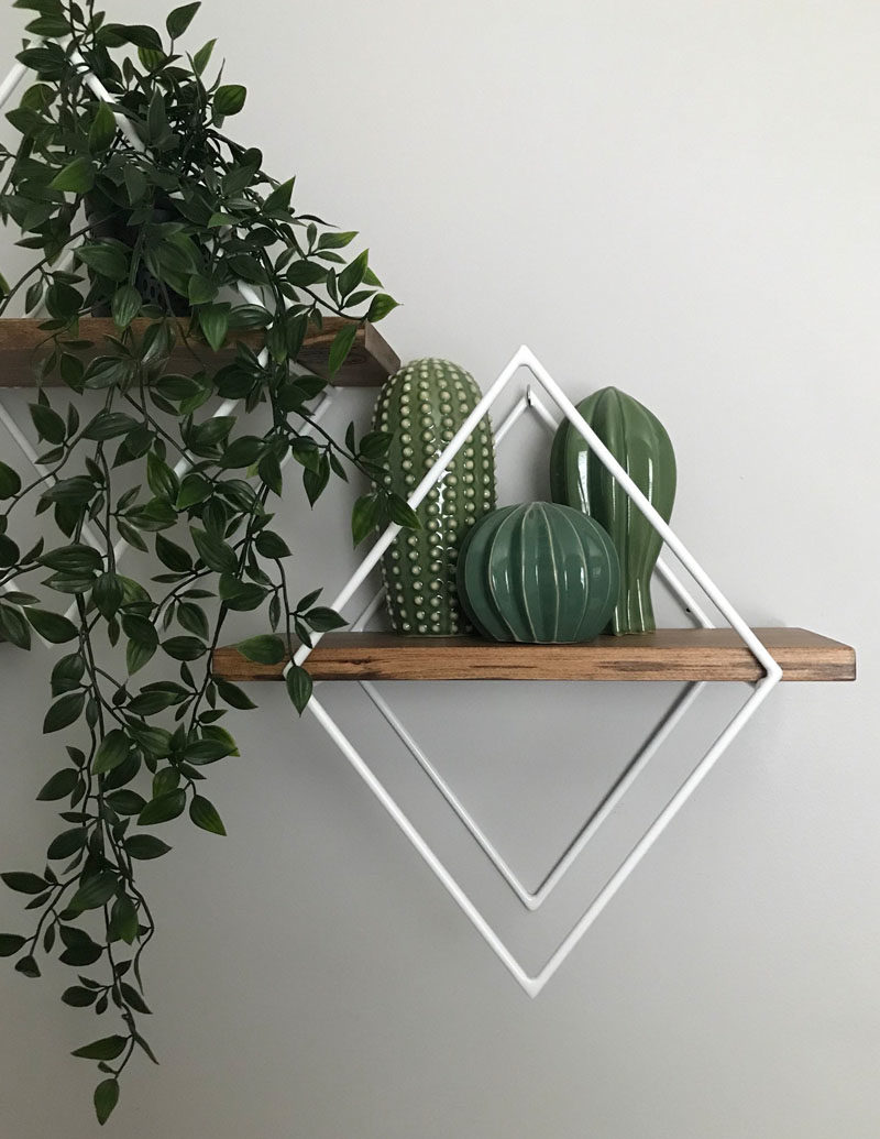 Wall Shelf Ideas - These modern geometric wall shelves, which have been designed in a variety of sizes and layouts, are made with steel frames, available in a variety of finishes, and are adorned with wood shelving to add a natural element. #WallShelf #WallDecor #ShelvingIdeas #ModernShelving #ModernShelf #Design