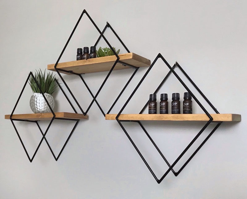 Wall Shelf Ideas - These modern geometric wall shelves, which have been designed in a variety of sizes and layouts, are made with steel frames, available in a variety of finishes, and are adorned with wood shelving to add a natural element. #WallShelf #WallDecor #ShelvingIdeas #ModernShelving #ModernShelf #Design