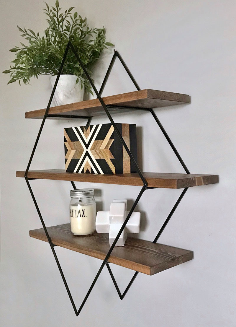 Wall Shelf Ideas - These modern geometric wall shelves, which have been designed in a variety of sizes and layouts, are made with steel frames, available in a variety of finishes, and are adorned with wood shelving to add a natural element. #WallShelf #WallDecor #ShelvingIdeas #ModernShelving #ModernShelf #Design