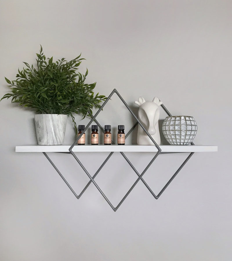 Wall Shelf Ideas - These modern geometric wall shelves, which have been designed in a variety of sizes and layouts, are made with steel frames, available in a variety of finishes, and are adorned with wood shelving to add a natural element. #WallShelf #WallDecor #ShelvingIdeas #ModernShelving #ModernShelf #Design