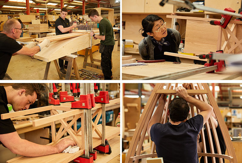 MAKING OF - This modern boat-shaped garden seat designed by Tomoko Azumi, has been made of steam-bent American red oak, with timber rods of different lengths, creating a structure that is lighter but also provides privacy. #Design #FurnitureDesign #GardenSeat #Seating