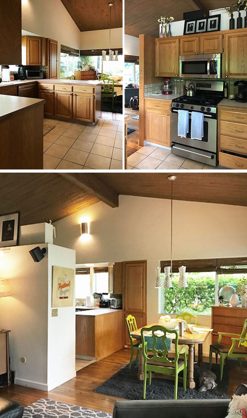 This 'before' kitchen had a u-shaped layout with a wood cabinets that separated the kitchen from the living room. Click through to the see remodeled kitchen with bright white countertops, warm modern wood cabinets, and a dining area with banquette seating.