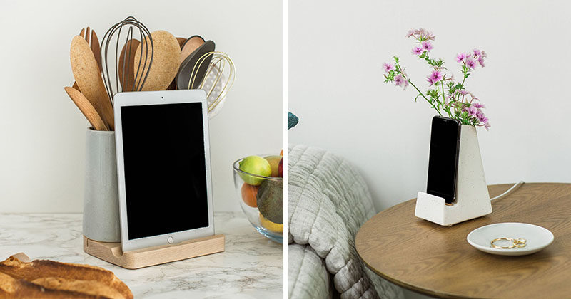 Gift Ideas - These modern phone and tablet charging docks are made from earthenware clay, and also double as vase, planter, or a holder to store your cooking utensils. #PhoneDock #TabletDock #HomeDecorIdeas #DecorIdeas #GiftIdeas #ChargingDock