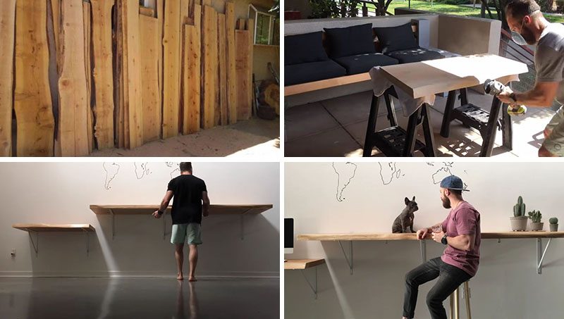 DIY Ideas - Create your own modern DIY live edge desk and bar using slabs of wood, sandpaper, finishing materials, shelf brackets, and a few tools. #DIYProject #HomeOffice #LiveEdgeDesk #LiveEdge #LiveEdgeBar #HomeBar #WoodDesk