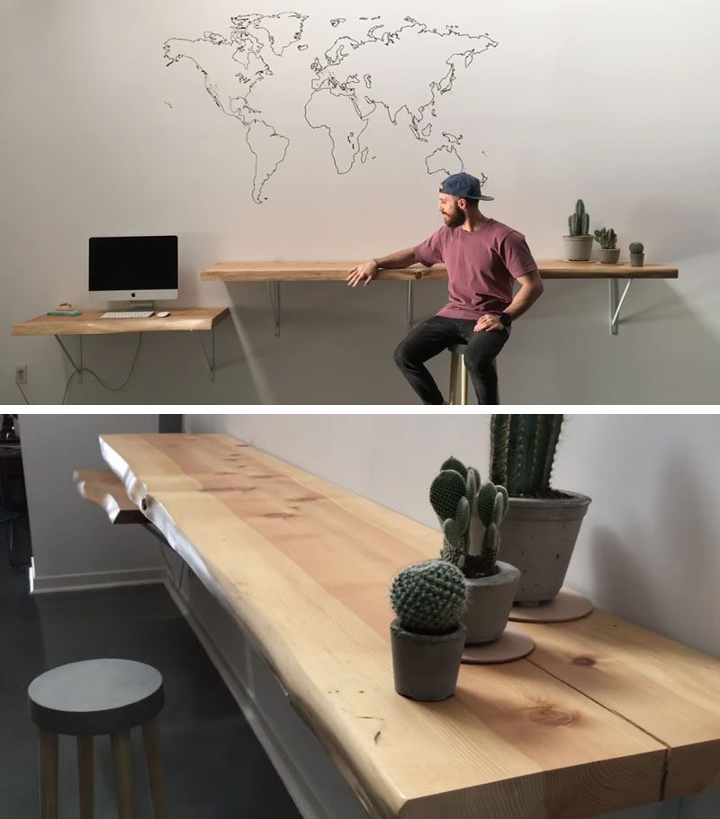 DIY Ideas - Create your own modern DIY live edge desk and bar using slabs of wood, sandpaper, finishing materials, shelf brackets, and a few tools. #DIYProject #HomeOffice #LiveEdgeDesk #LiveEdge #LiveEdgeBar #HomeBar #WoodDesk