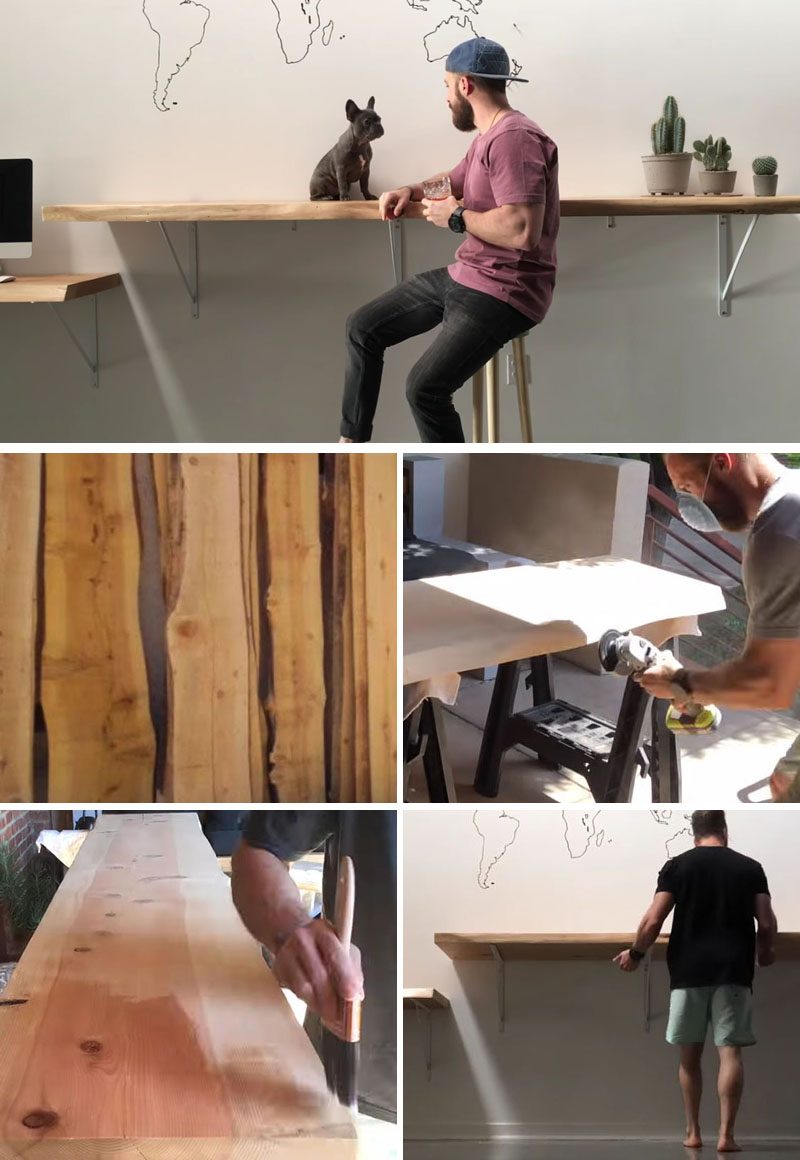 DIY Ideas - Create your own modern DIY live edge desk and bar using slabs of wood, sandpaper, finishing materials, shelf brackets, and a few tools. #DIYProject #HomeOffice #LiveEdgeDesk #LiveEdge #LiveEdgeBar #HomeBar #WoodDesk