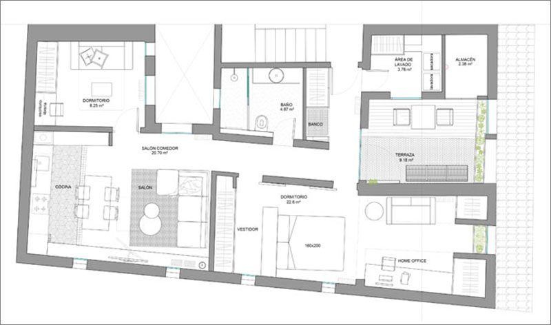 Design firm Egue y Seta has recently completed "The Traveler's Refuge", a relaxing and modern apartment in Madrid, Spain. #ApartmentDesign #ModernApartment #ApartmentInterior #ApartmentIdeas #FloorPlan