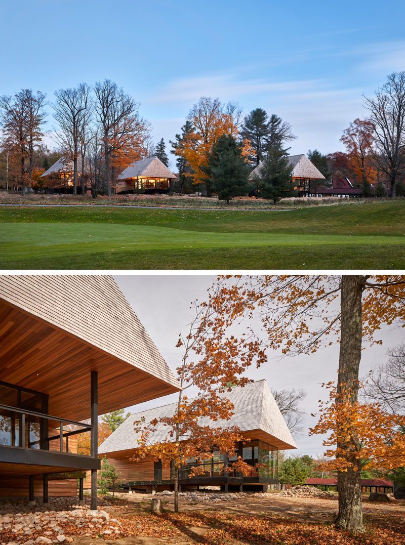 This collection of modern cabins are clad in shiplapped wood, which adjoins a glass pavilion that holds an open-plan living and dining space. They also have a deep hip roof that's clad with cedar shingles. #ModernCabin #Architecture #CabinDesign