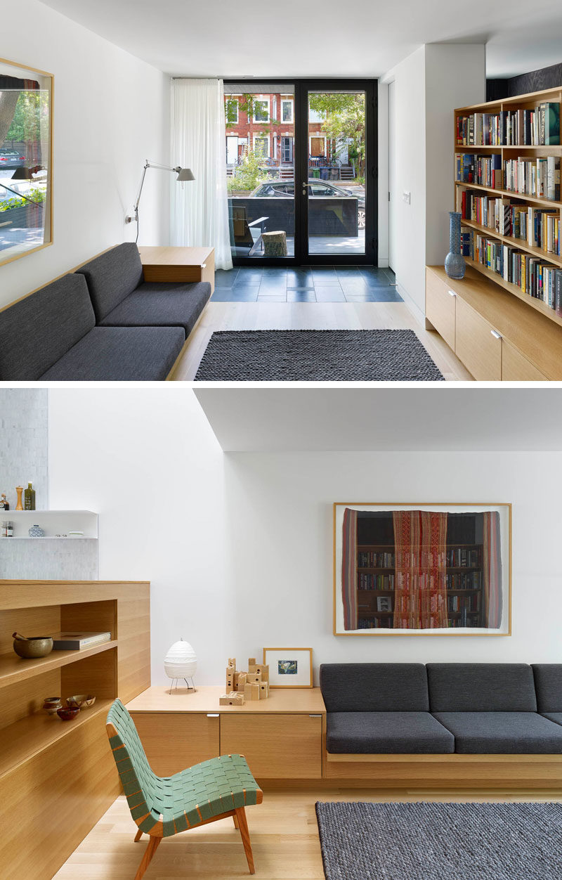 Home Library Ideas - This modern library area features built-in seating and a floating bookcase. #HomeLibraryIdeas #LibraryIdeas #Shelving #BuiltInFurniture