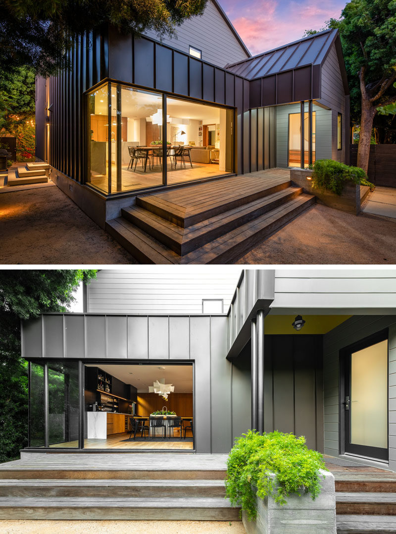 A path from the front of this modern house meets steps that lead up to the front door. #ModernHouse #HouseDesign #ExteriorSteps