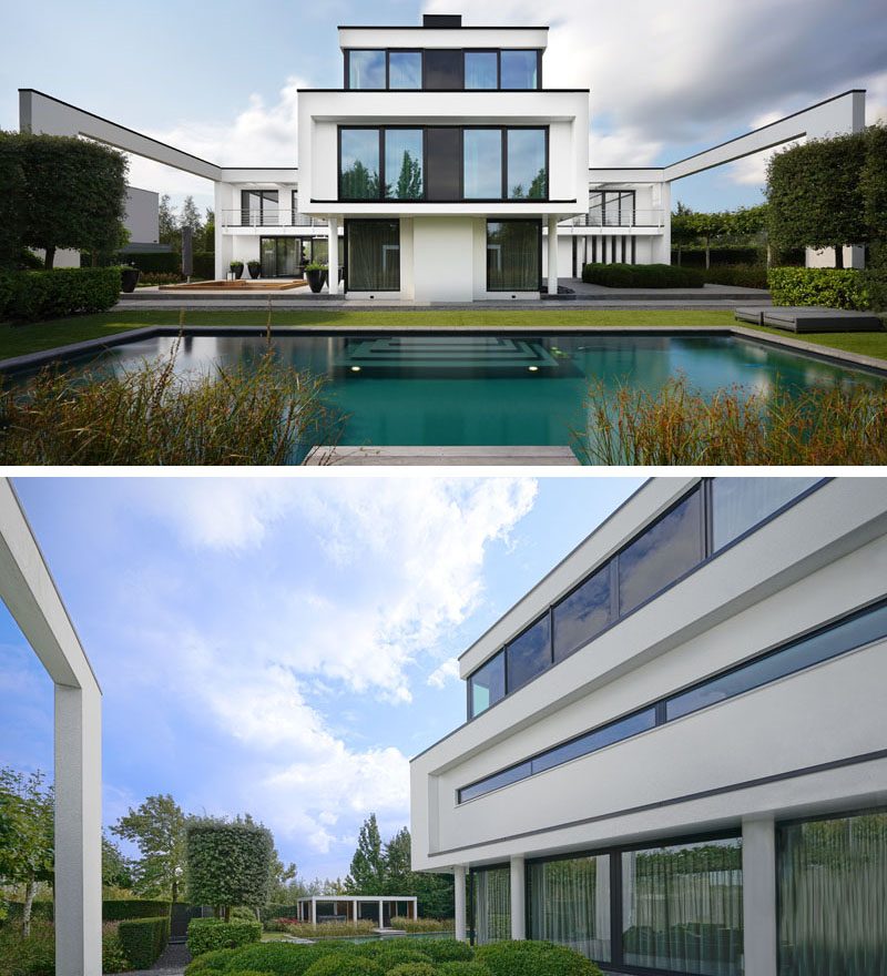 The outdoor areas of this modern house include a sunken lounge, a partially covered dining area, and a pool with a cabana. #Architecture #Landscaping #OutdoorLounge #SunkenLounge #SwimmingPool