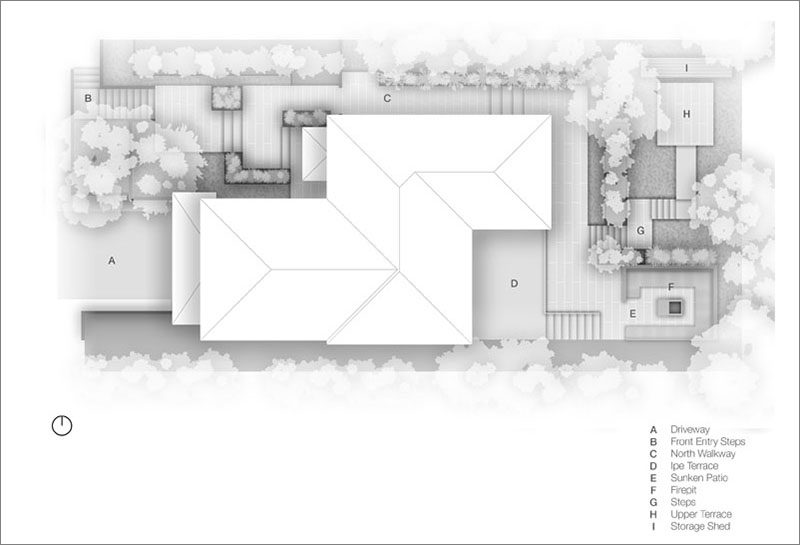 A layout for a modern landscaping design that has various seating areas.