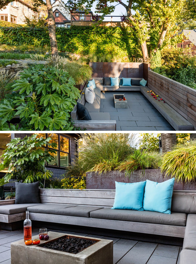 A sunken courtyard with built-in lounges and steel screens.