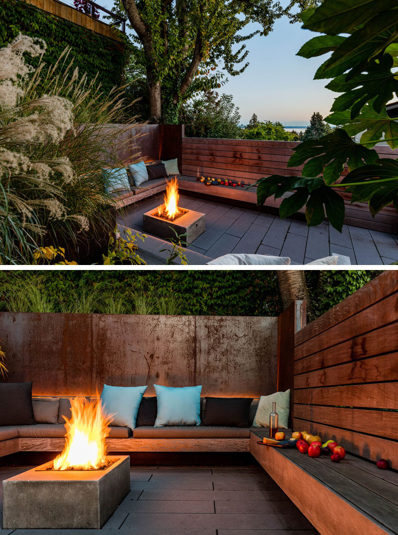 A sunken courtyard with a firepit and built-in benches.