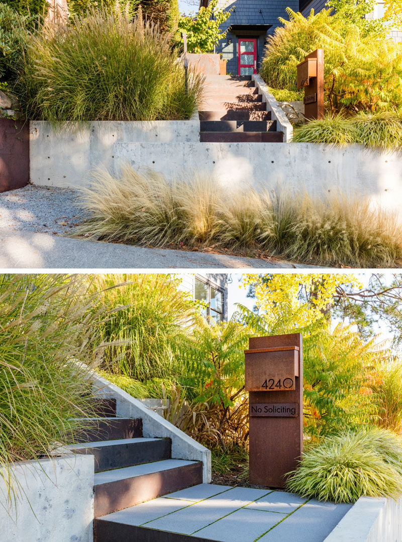 Modern curb appeal with concrete retaining walls and a steel mailbox.